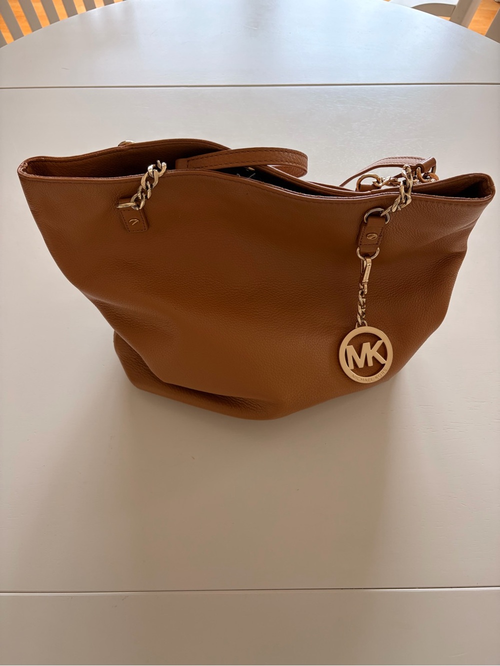 Michael Kors Leather Tote in Cognac Brown with Gold MK Charm
